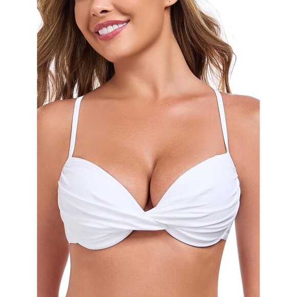 Women's White Push Up Bikini Tops Ruched Twist Front Underwear Top Swimsuit - Picture 8 of 8